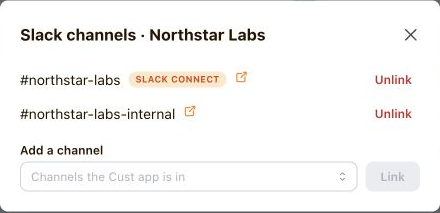 Northstar Labs in Cust with its customer channel and internal account channel both linked to the company