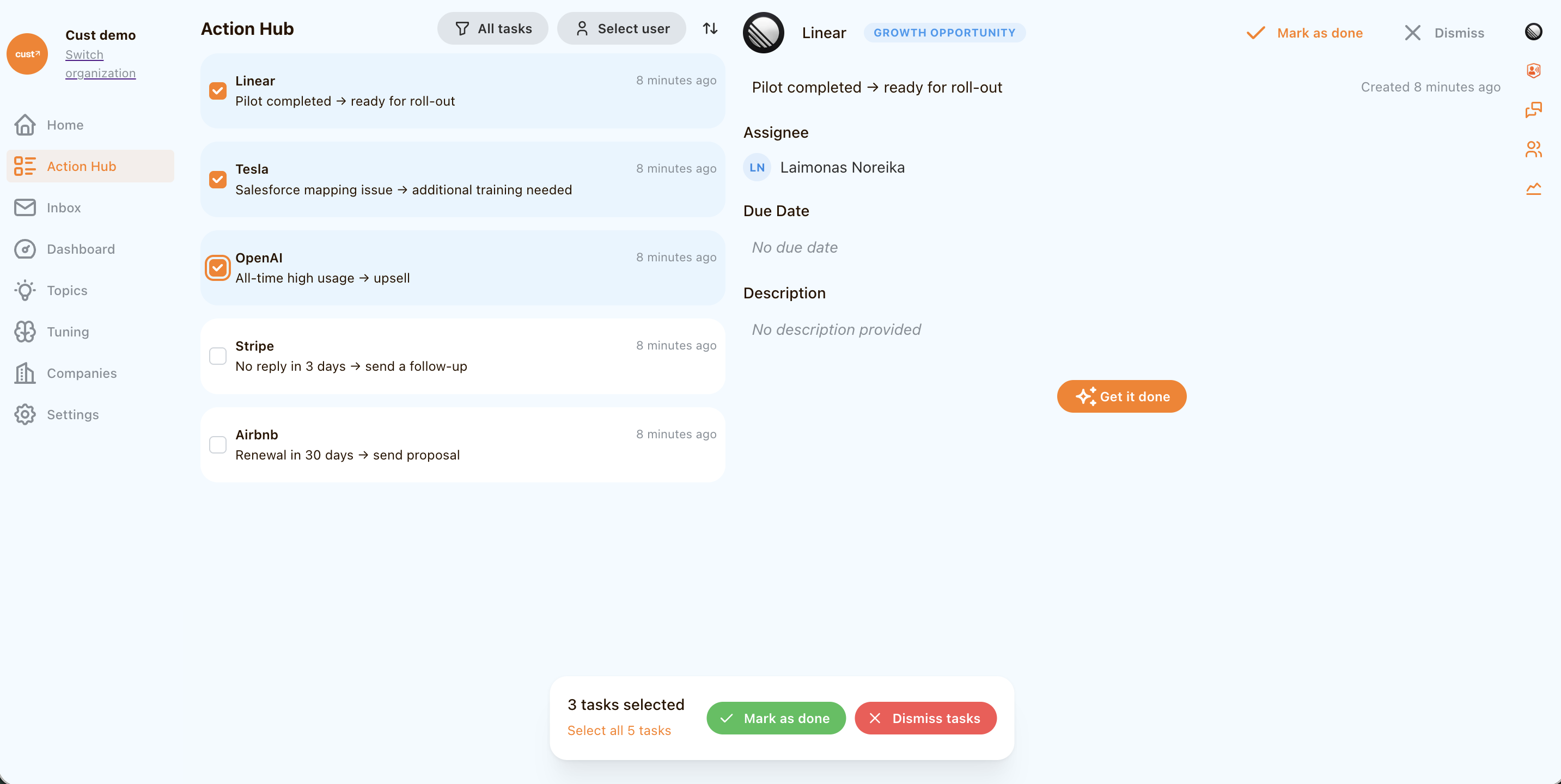 Bulk actions for companies, tasks, and contacts