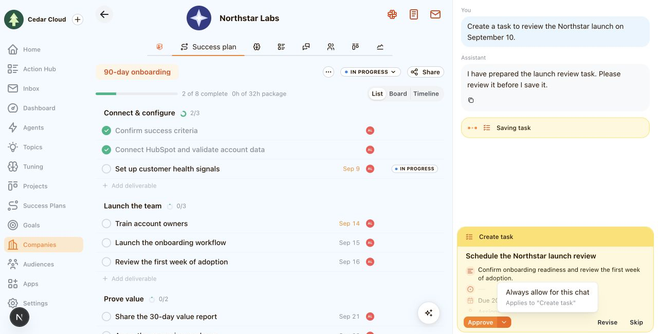 A task approval card showing the option to always allow the tool for this chat