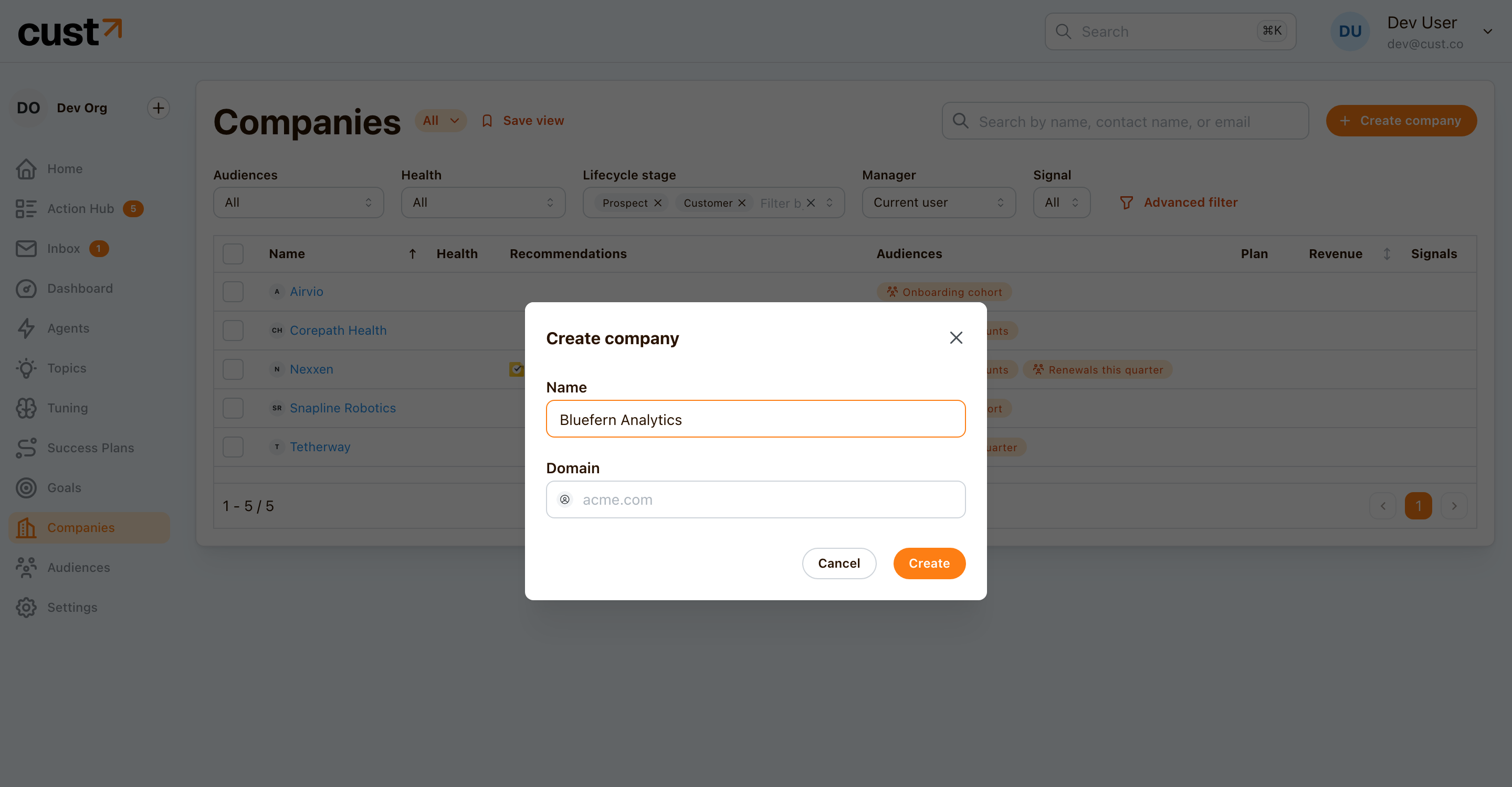 Create company modal with name and domain fields