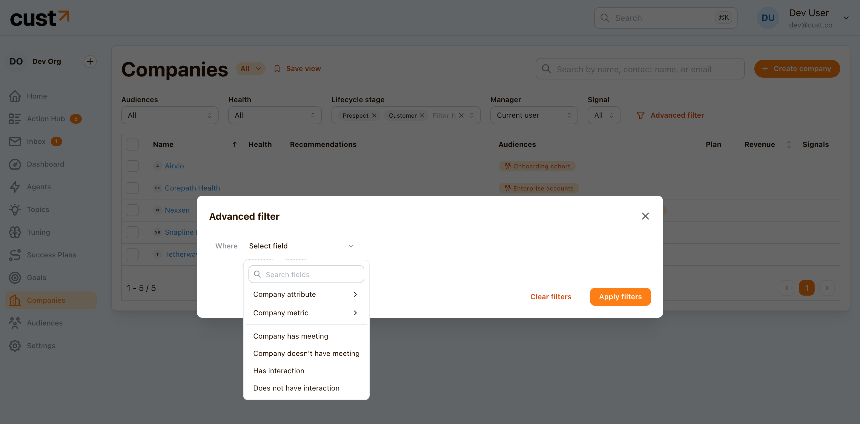 Advanced filter modal with two-level field picker