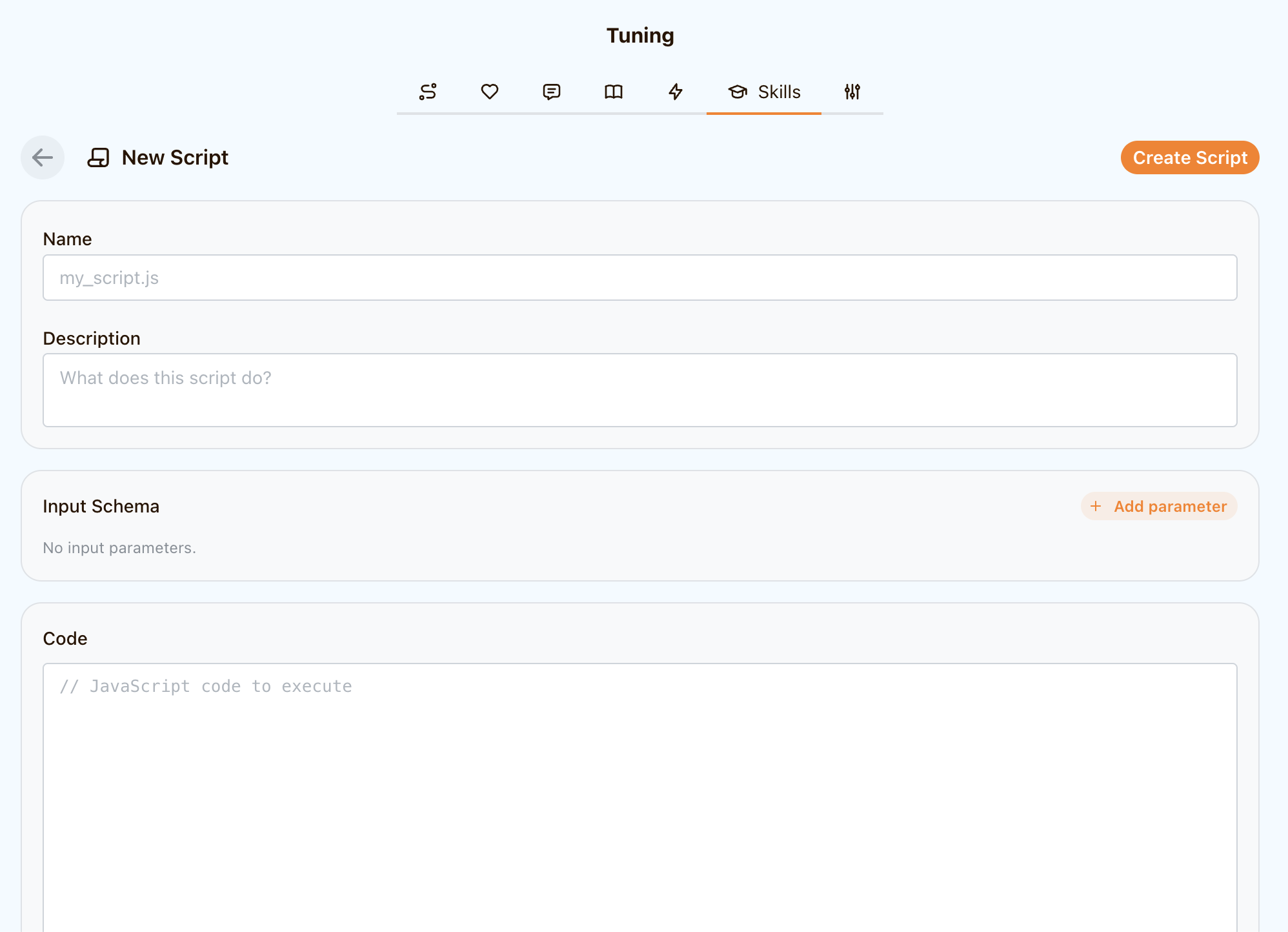 Skills management interface with attached scripts