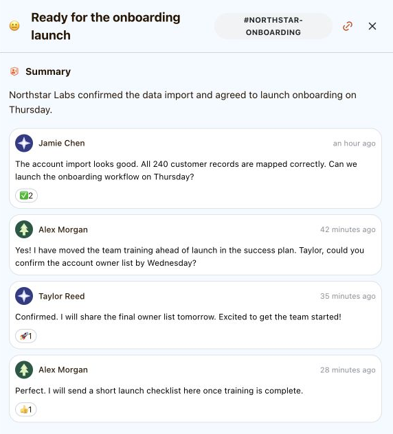 A Northstar Labs Slack conversation on its customer timeline