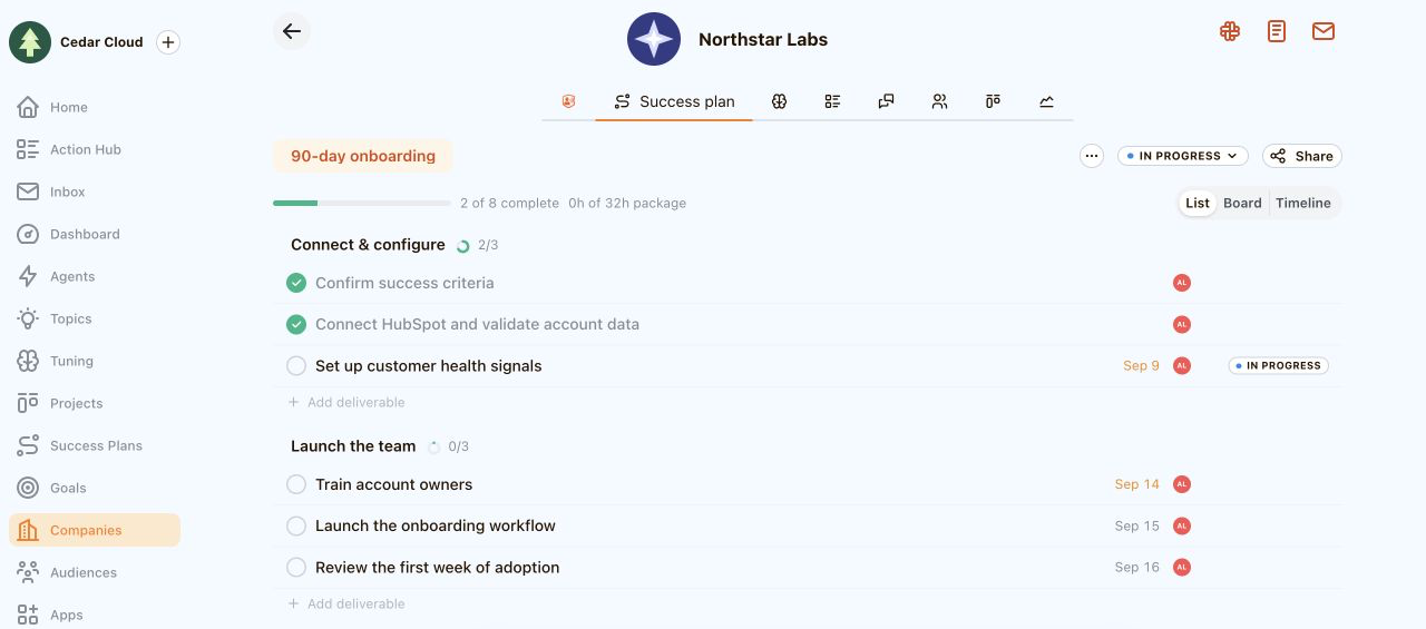 A Northstar Labs onboarding plan with milestones, owners, dates and drag handles