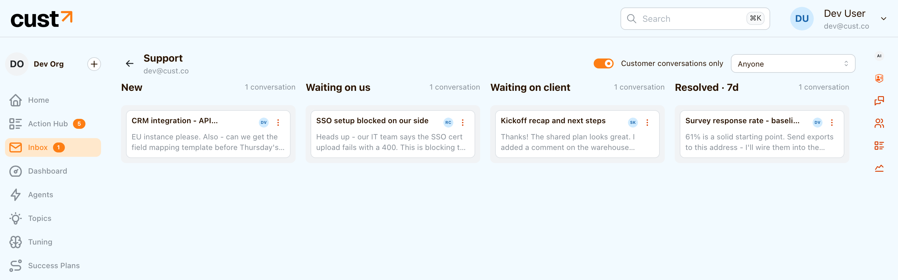 Shared inbox team board with stage columns